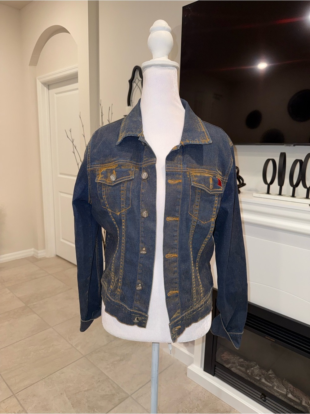 Vintage BONGO Dark Blue Denim Jacket with Contrast Stitching Size L